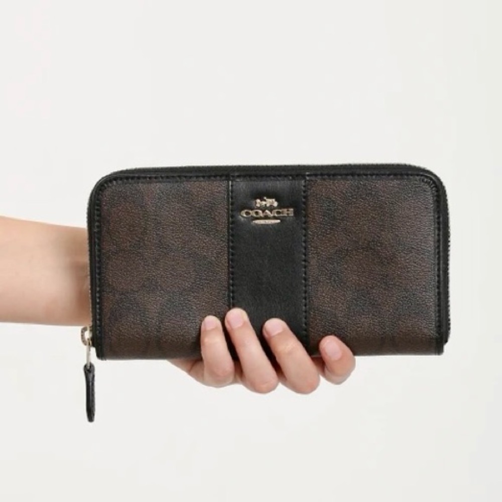 Coach Accordion Leather Wallet in Black & Brown Signature Canvas